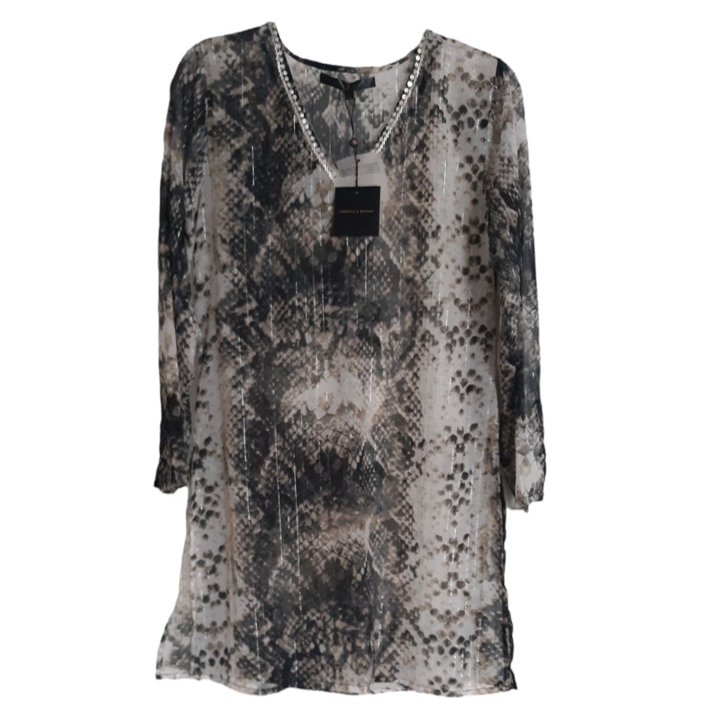 America & Beyond Small Moon Mist Snakeskin Tunic Sheer Embellished Top